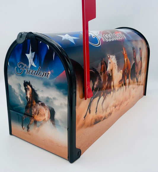 Wild horse custom mailbox, Patriotic Independence Day farm mailbox